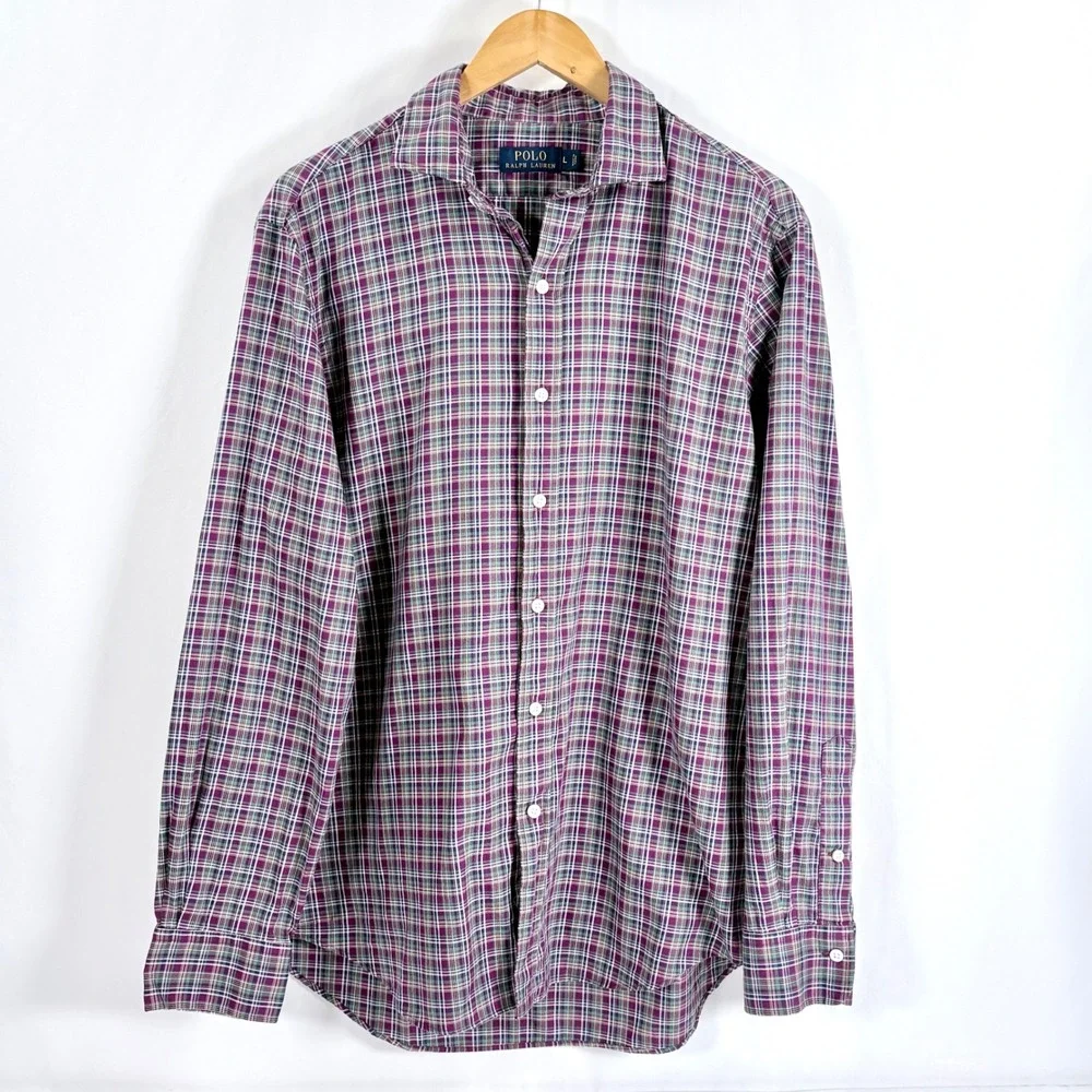 Polo Ralph Lauren Button Down Shirt Purple Green Plaid Cotton‎ Mens Large